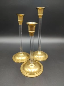 Set of 3 Vintage Brass and Lucite MCM Candle Stick Holders 7, 8, 9 in Flaw Read - Picture 1 of 20