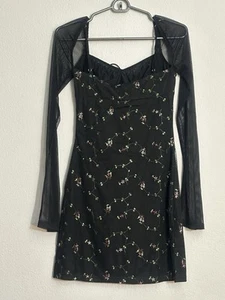 Princess Polly Quinny Sheer Long Sleeve Mini Dress Black w/ Floral Goth Size 4 - Picture 1 of 8
