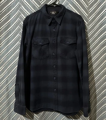 RRL By Ralph Lauren Double-Faced Workshirt Flannel Mens Medium Blue Indigo Plaid - Image 1 of 4