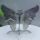 106G Natural Crystal Fluorite Butterfly Wings Healing Statue Decor + Stand