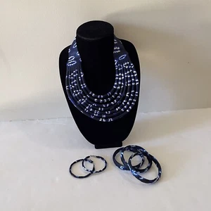 Blue Multicolor African Print Ankara Layered Necklace, Earring, and Bracelet Set - Picture 1 of 3