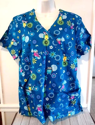 Simply Basic Owls Blue Scrub Top Womens 3X/3XG  - Image 1 of 2