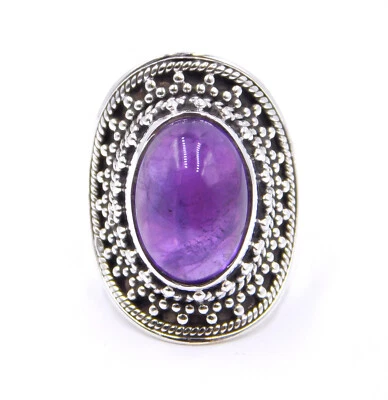 8.60 GM 925 Argento Sterling Naturale Ametista Cab Gemma Nepali Misura Anello - Immagine 1 di 4