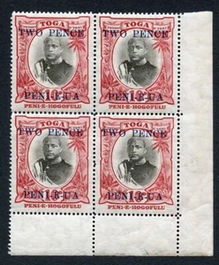 Tonga SG66 1923-4 2d auf 10d Eckblock (Plattenretusche NW Ecke) M/M - Bild 1 von 1