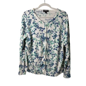 Maglione cardigan Lands End taglia XL 18 bianco blu verde floreale bottoni preppy - Foto 1 di 9