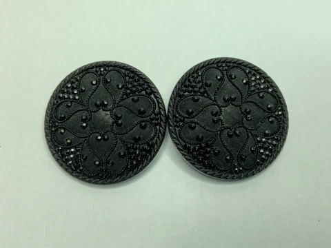Antique Lacy Black Glass Buttons 2, Brass Wire/Plate Shank Fabric Pattern Design Cover