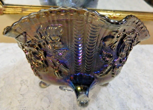Vintage Imperial 3 Footed Iridescent Purple Glass 10.5" Bowl Panel Rose - Nice!