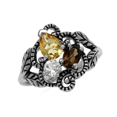 Citrine Smoky Quartz and White Topaz 925 Sterling Silver Vintage Style Leaf Ring - Image 1 of 2