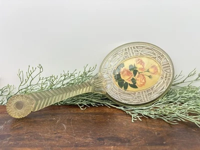Vintage Art Deco Vanity Hand Mirror Celluloid Roses Floral Design 11 Inch Oval - Image 1 of 4