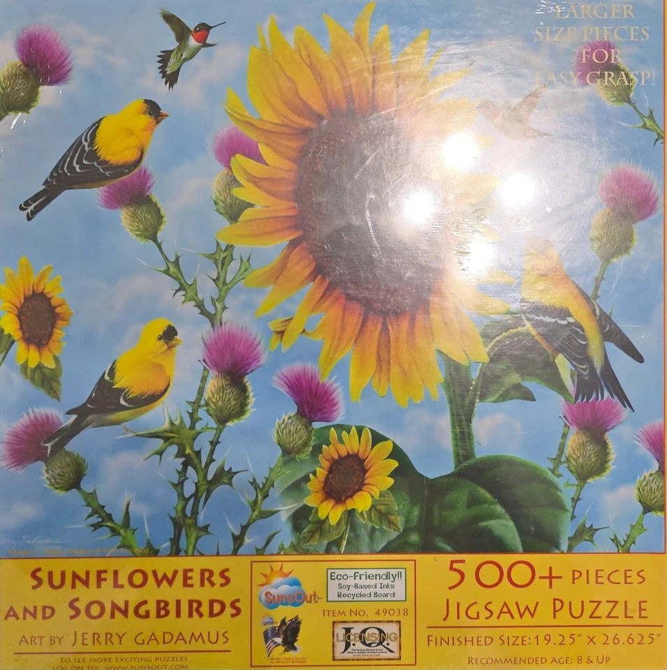 Girasoles y pájaros cantores por Jerry Gadamus - SunsOut 500 piezas más grandes rompecabezas NUEVO Foto 1 de 1