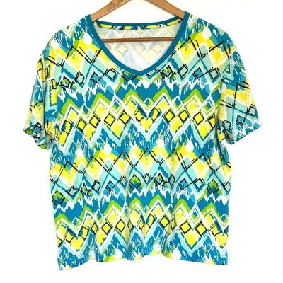 Женская рубашка Kim Rogers XL геометрический хлопок короткий рукав V-образный вырез пуловер топ - Изображение 1 из 4