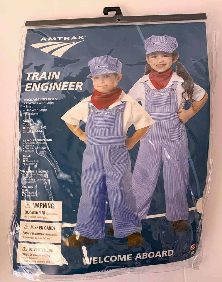 Toddler AMTRAK TRAIN ENGINEER COSTUME L 4-6 NEW Overalls Shirt Hat Bandana 4pc - Image 1 of 1