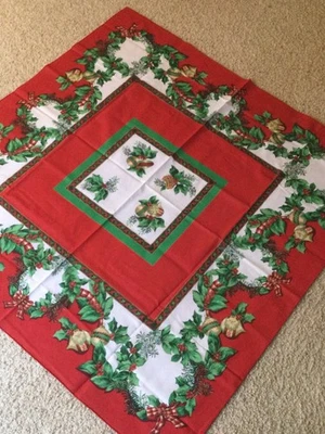 Lovely Christmas Tablecloth Holly, Ornaments Red Green White 51” Square NWOT - Image 1 of 4