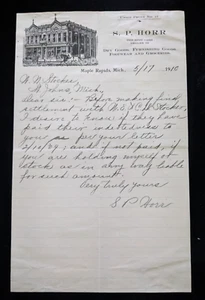 Antik 1910 S.P. HORR Briefkopf ~ Trockenwaren Lebensmittel ~ Ahornschnellen, MI - Bild 1 von 6
