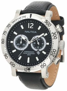 Nautica Hombre N20096G Windjammer Cronógrafo Taquímetro Banda Cuero Negro NUEVO - Imagen 1 de 2