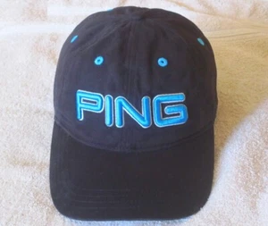 PING GOLF HAT CAP ADJUSTABLE STRAP BLACK W/ BLUE LETTERS COTTON - Picture 1 of 7