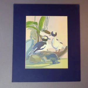 Original Gouache Painting Birds/Still Life 8" x 10" Dark Purple Mat, Beautiful - Picture 1 of 5