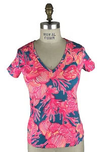 Top Lilly Pulitzer Michele scollo a V manica corta blu scintillante fantastico taglia L - Foto 1 di 6