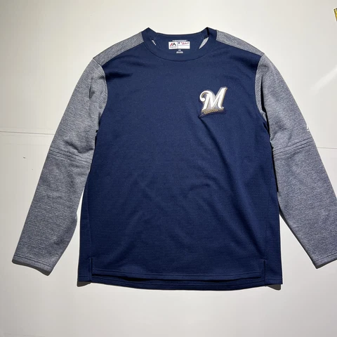 Majestic Therma Base Milwaukee Brewers Sweatshirt Mens L Blue Pullover MLB Cover