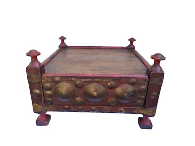 Старинный примитивный деревянный латунный боковой столик чай низкое одеяло шкаф коробка для хранения - Изображение 1 из 4