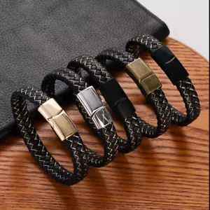 Brazaletes de cuero negro dorado para hombre de moda acero inoxidable con cierre magnético - Imagen 1 de 44