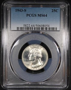 1943-S Washington Quarter graded MS64 by PCGS Better Date 25C Flashy - Picture 1 of 2