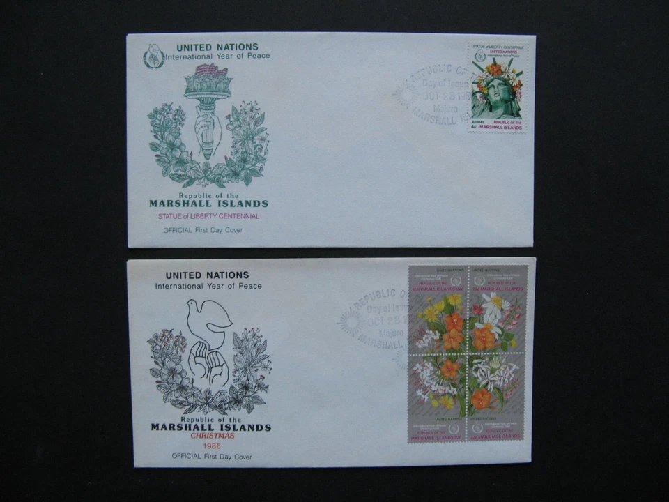 MARSHALL ISLANDS, 2x cover FDC 1988, block of 4 flowers Year of Peace, Liberty s - Image 1 of 1