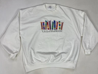 复古 Crazy Shirts Vail Colorado 滑雪运动衫男式大号白色美国 90 年代 — 第 1/4 张图片