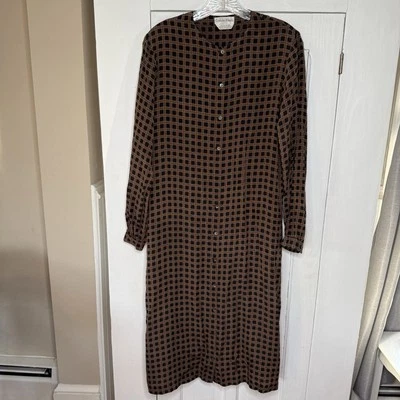 Vintage Calvin Klein Sz 8 Real 100% Silk Brown Plaid Button Up Long Sleeve Dress - Image 1 of 4