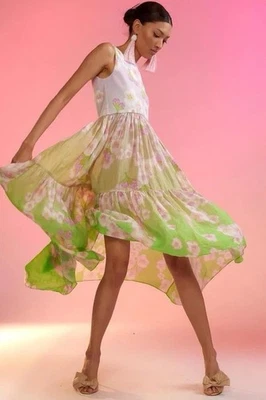 Vestido Cynthia Rowley Ramie Tier Sin Mangas Floral Alto Bajo Rosa Verde Talla Pequeña Foto 1 de 4