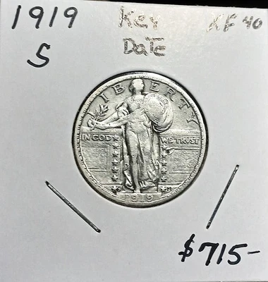 Cuarto de dólar de plata Standing Liberty 1919 S, alta calidad, gran regalo, fecha clave Foto 1 de 2