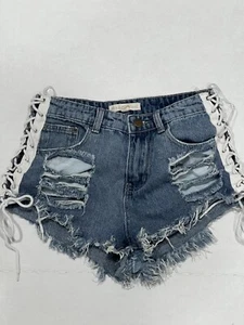 Jean Shorts Distressed/ Shoelace Sides Closure cut off Destroyed Hot&delicious - Picture 1 of 10