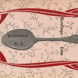 c.1910 Greetings From Rutherford New Jersey Silver Spoon Pink Postcard Bergen Co - Picture 1 of 3