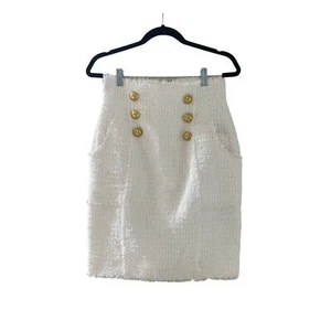 NWOT Balmain White Tweed high-waisted pencil skirt Gold Buttons sz FR 38 US 6 - Picture 1 of 8