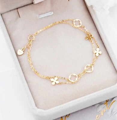 14K Real Gold Double Layer Charm Bracelet Women Dainty Flowers 2 Wraps Bracelet - Image 1 of 4