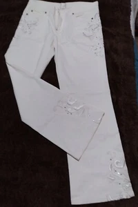 WHBM Blanc Sz 8 Winter White Jeans Embroidered With Rhinestone Accents MUST SEE - Picture 1 of 9