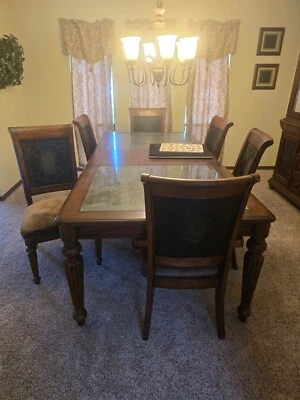  formal dining table, 6 chairs, hutch, flatwear, dishes. Solid wood. - Image 1 of 4