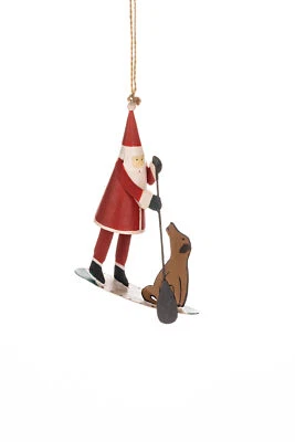 Shoeless Joe Metal Santa and Dog on Surfboard Novelty Christmas Tree Decoration
