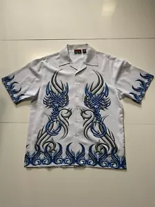Vintage 90s Y2K Level Ten Blue Flames Polyester Rave Button Front Shirt Sz. L - Picture 1 of 8