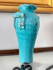 Vintage Heavy Metal Vase – Distressed Turquoise Crackle Glaze, 13” Tall - Picture 1 of 4