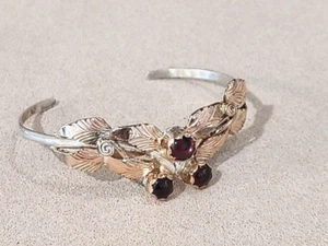 Vintage Edelstein Sterling Silber 925 Armreif Armband 14kgp filigran Blatt Akzente  - Bild 1 von 4