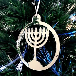 Round Menorah Christmas Tree Decorations Mirrored Colours Sets: 10x7cm or 4x14cm - Picture 1 of 4