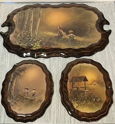 Hermosas placas de pared colgantes de madera lacada vintage de 3 piezas niño niña granja Foto 1 de 4