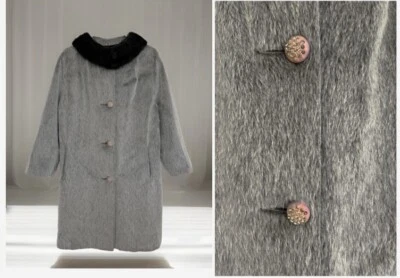 Vintage 1950s Faux Fur Coat Sz 14 Gray w/Black Collar Jeweled Buttons - Image 1 of 4