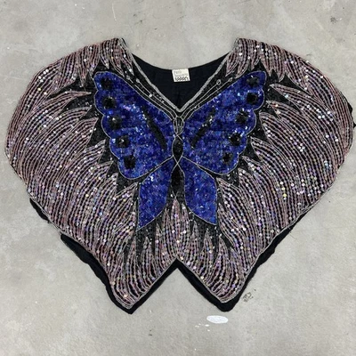 Vintage 1970s Retro Disco Boho Beaded Sequin Butterfly Silk Top  - Image 1 of 4