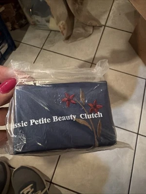 AVON CLASSIC PETITE BEAUTY CLUTCH NAVY BLUE SATIN NOS/SEALED - Image 1 of 2