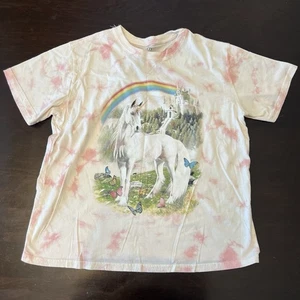 T-shirt grafica unicorno arcobaleno rosa potente stravagante fata tie dye taglia L top - Foto 1 di 14