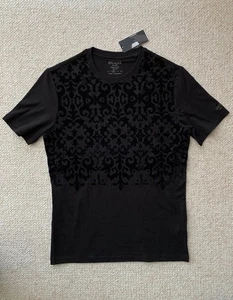 Guess Men Flock T-shirt, Front Ornate Jet Black, Organic Cotton, Sz M Slim Fit - Picture 1 of 10