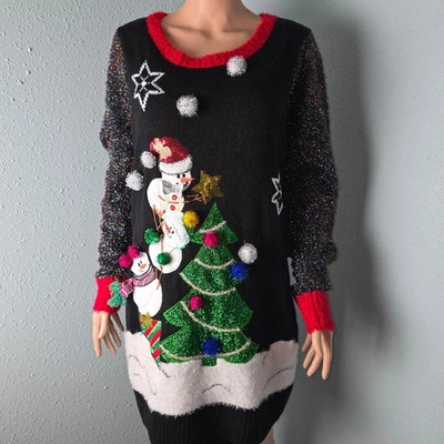 United States Sweaters XL Ugly Christmas Sweater Tunic Dress Snowman Tinsel 3D - Image 1 of 4