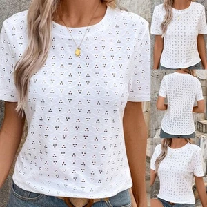 Classic Women's Casual T Shirt Hollowed Out Short Sleeve Round Neck Fashion - Picture 1 of 62